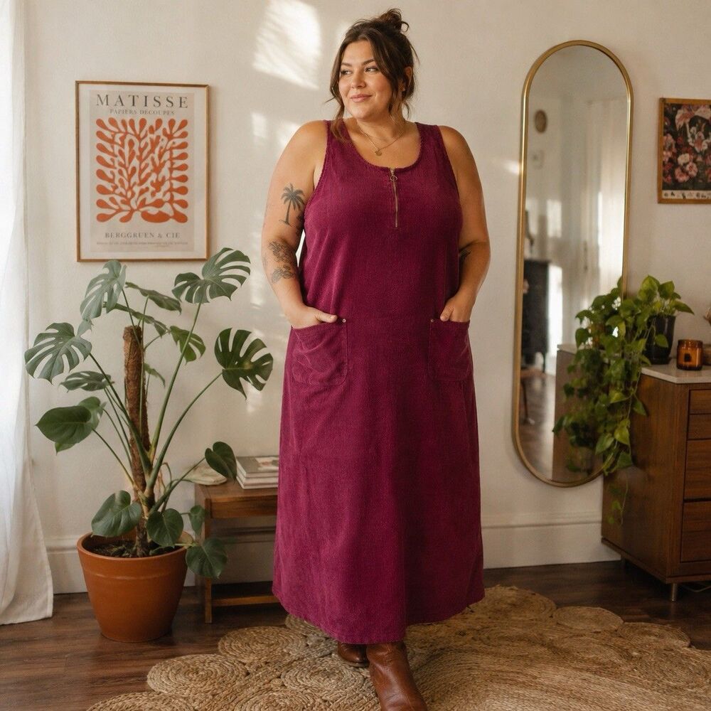 Vintage 90s Burgundy Corduroy Maxi Dress 2X Zip Front Pockets Boho Grunge